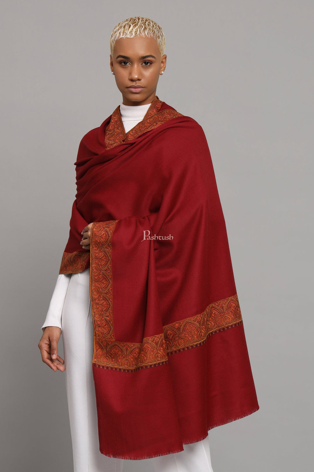 Pashtush India Womens Shawls Pashtush Womens Woollen Shawl, Thick Woollen, Kashmiri Embroidery Design, Maroon