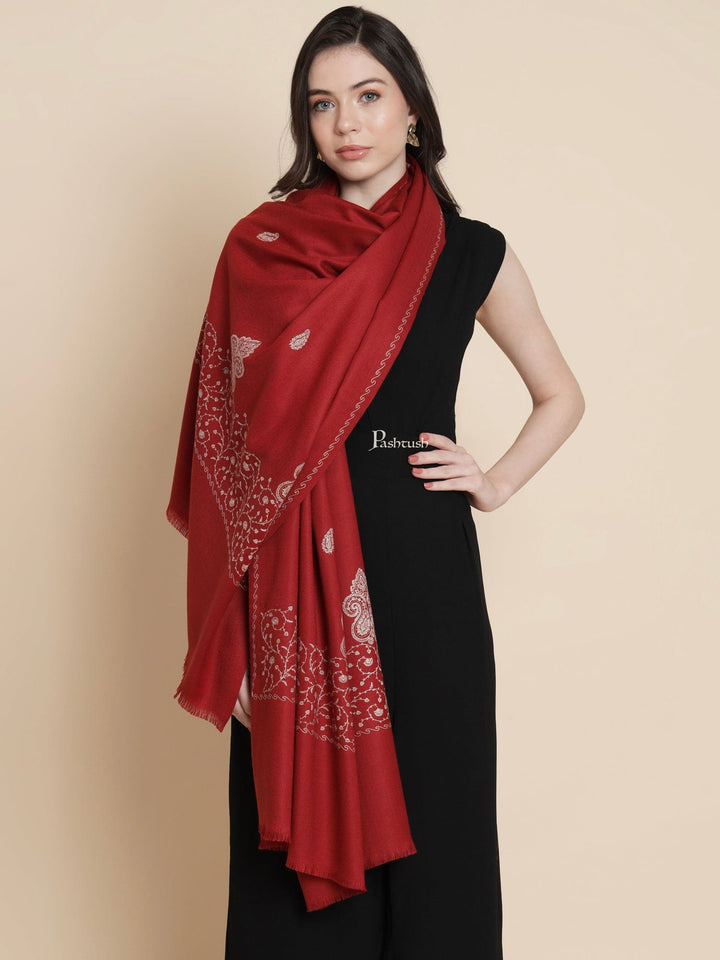 Pashtush India Womens Shawls Pashtush Womens Woollen Shawl, Tone And Tone Palla Embroidery Paisley  Design, Maroon