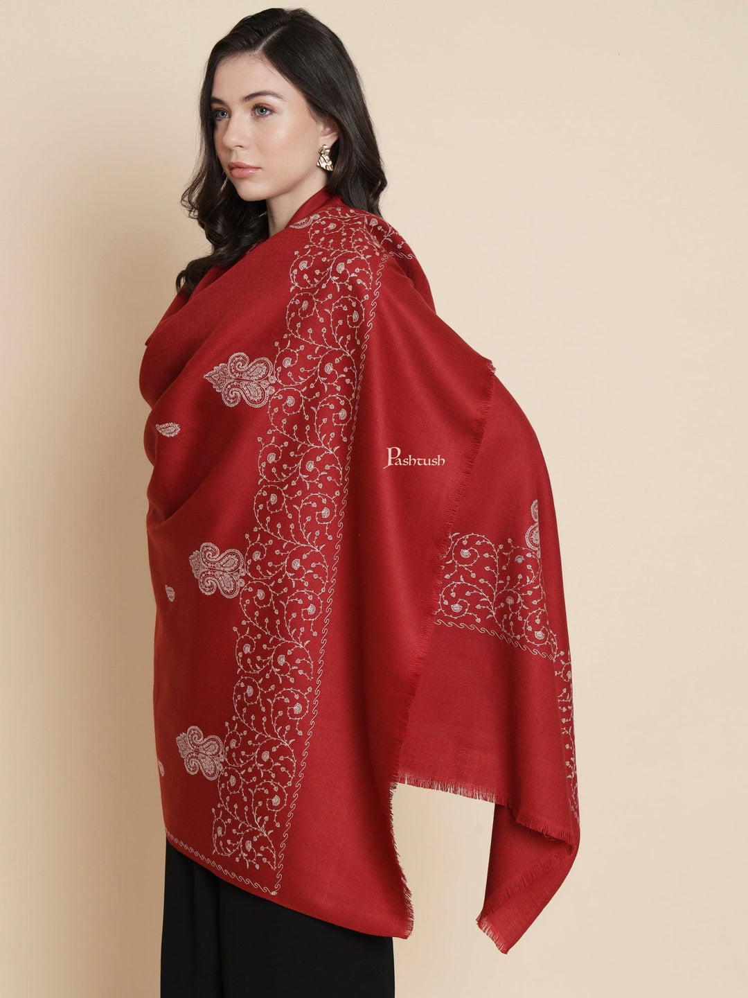 Pashtush India Womens Shawls Pashtush Womens Woollen Shawl, Tone And Tone Palla Embroidery Paisley  Design, Maroon