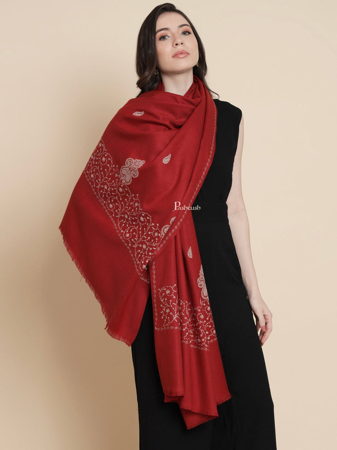 Pashtush India Womens Shawls Pashtush Womens Woollen Shawl, Tone And Tone Palla Embroidery Paisley  Design, Maroon