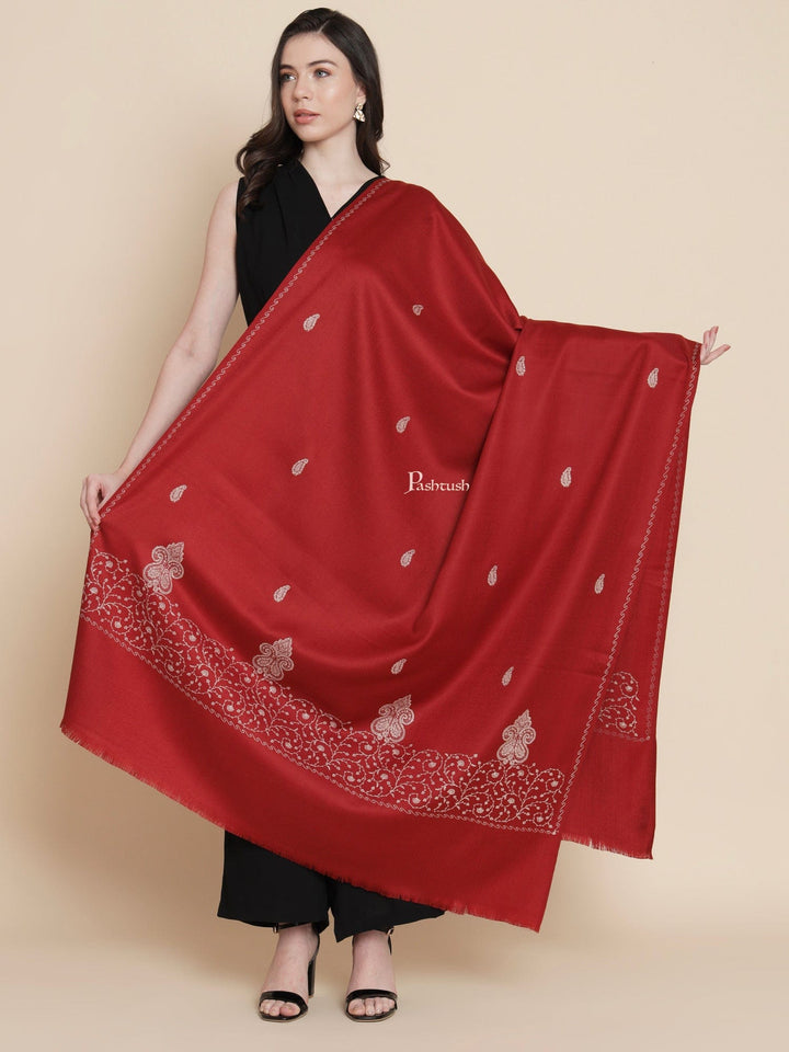Pashtush India Womens Shawls Pashtush Womens Woollen Shawl, Tone And Tone Palla Embroidery Paisley  Design, Maroon