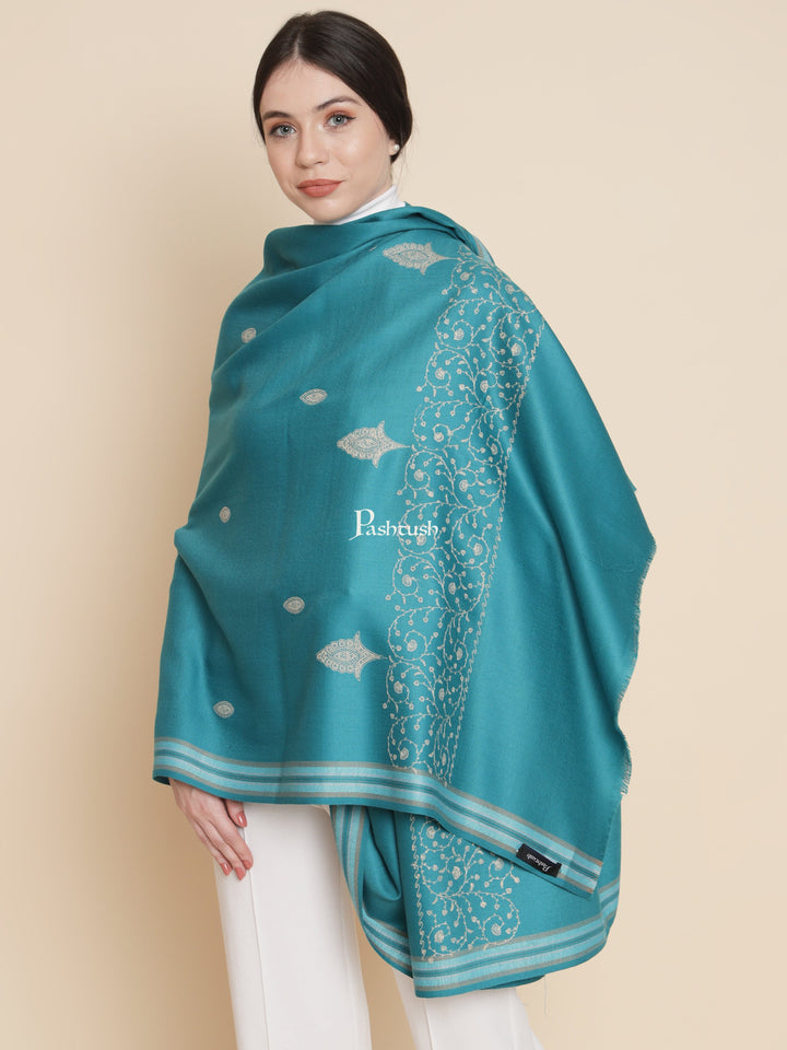 Pashtush India Womens Shawls Pashtush Womens Woollen Shawl, Tone And Tone Palla Embroidery, Serne Blue