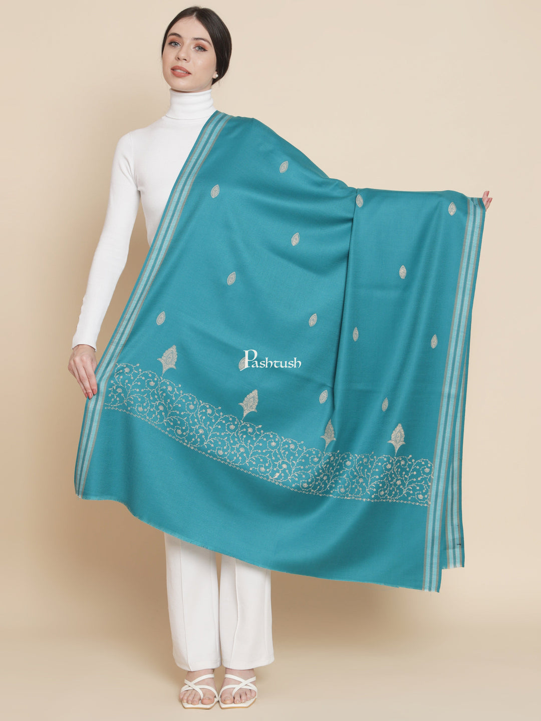 Pashtush India Womens Shawls Pashtush Womens Woollen Shawl, Tone And Tone Palla Embroidery, Serne Blue