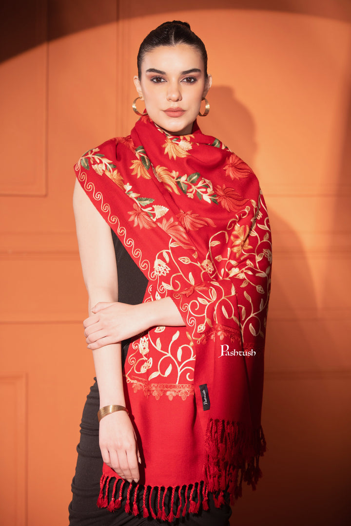 Pashtush India Womens Stoles and Scarves Scarf Pashtush Womens Woollen Stole, Aari Embroidery, Kashmiri Design, Red