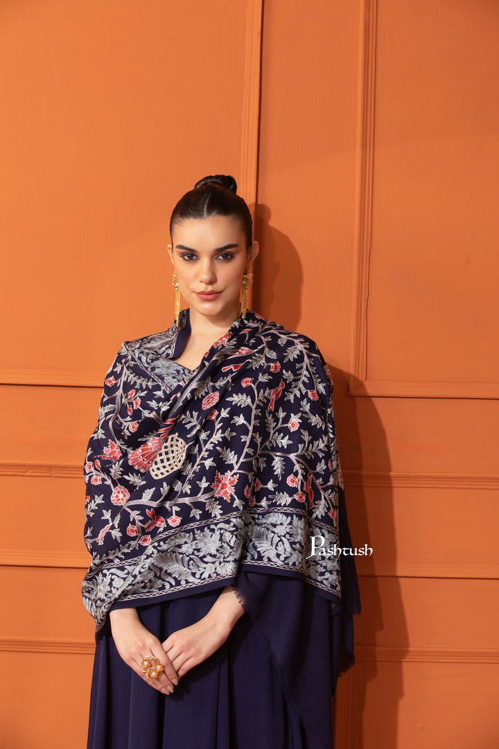 Pashtush India Womens Stoles and Scarves Scarf Pashtush Womens Woollen Stole, Gardens Of Paradise, Embroidery Design, Black