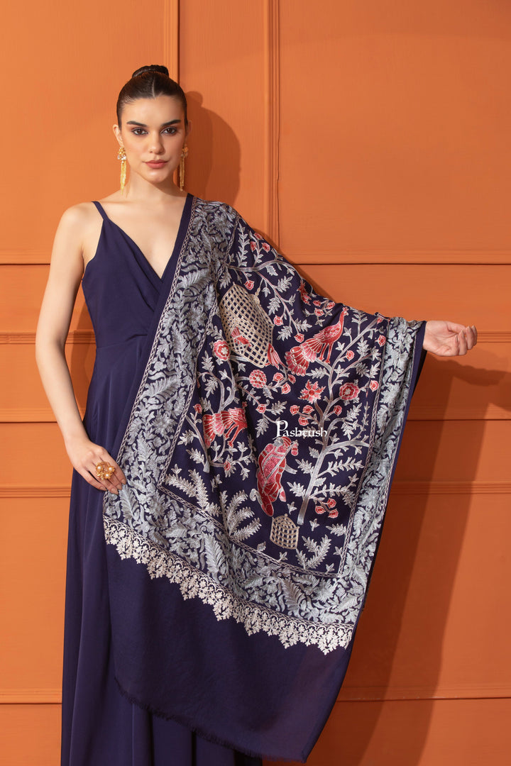 Pashtush India Womens Stoles and Scarves Scarf Pashtush Womens Woollen Stole, Gardens Of Paradise, Embroidery Design, Black