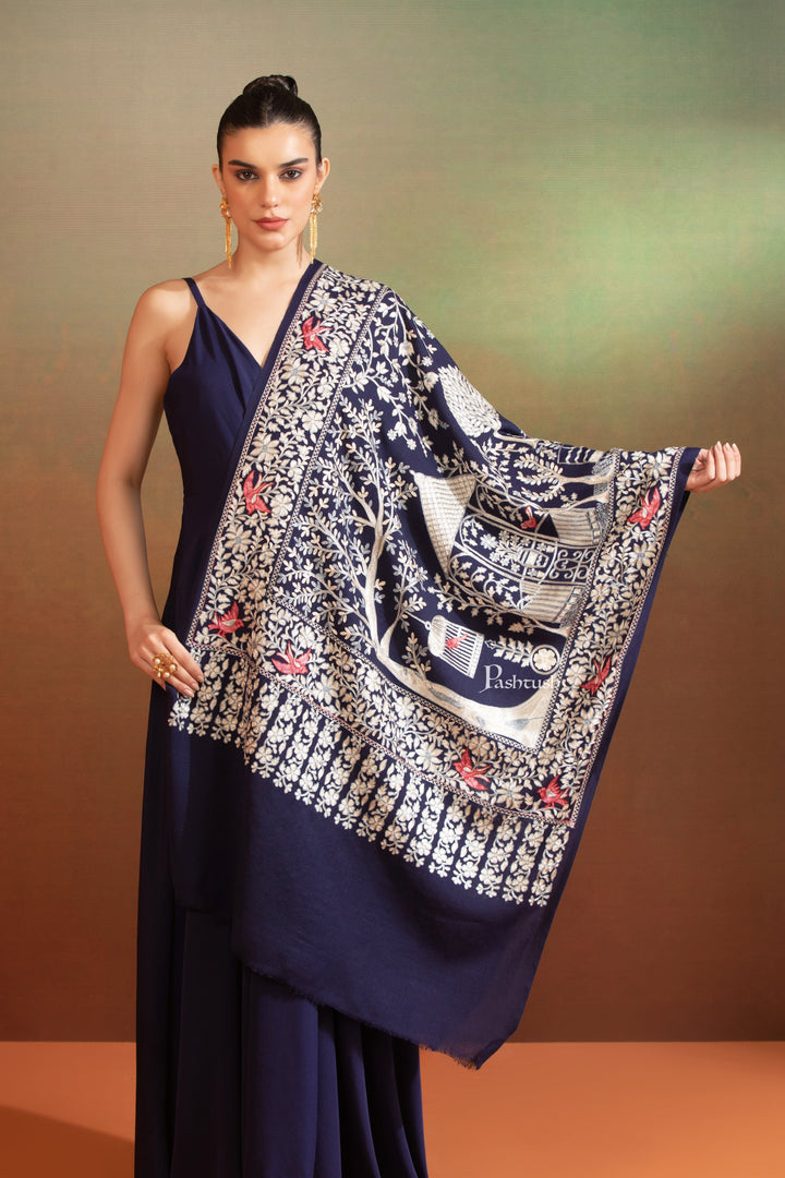 Pashtush India Womens Stoles and Scarves Scarf Pashtush Womens Woollen Stole, Gardens Of Paradise, Embroidery Design, Blue