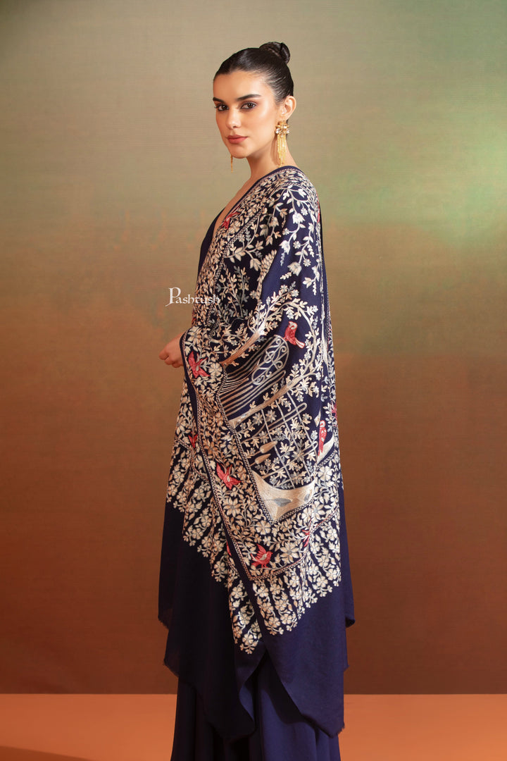 Pashtush India Womens Stoles and Scarves Scarf Pashtush Womens Woollen Stole, Gardens Of Paradise, Embroidery Design, Blue