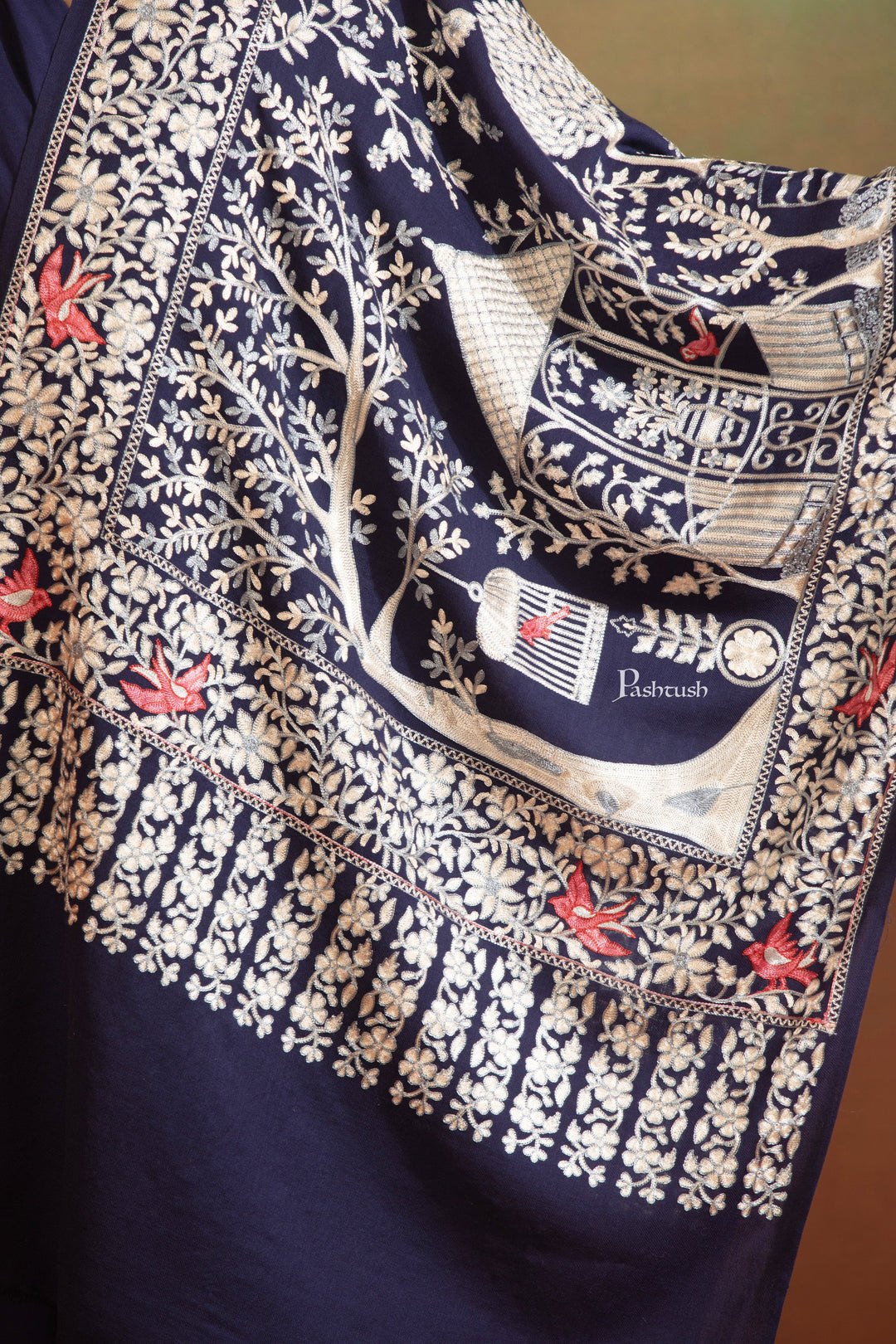 Pashtush India Womens Stoles and Scarves Scarf Pashtush Womens Woollen Stole, Gardens Of Paradise, Embroidery Design, Blue