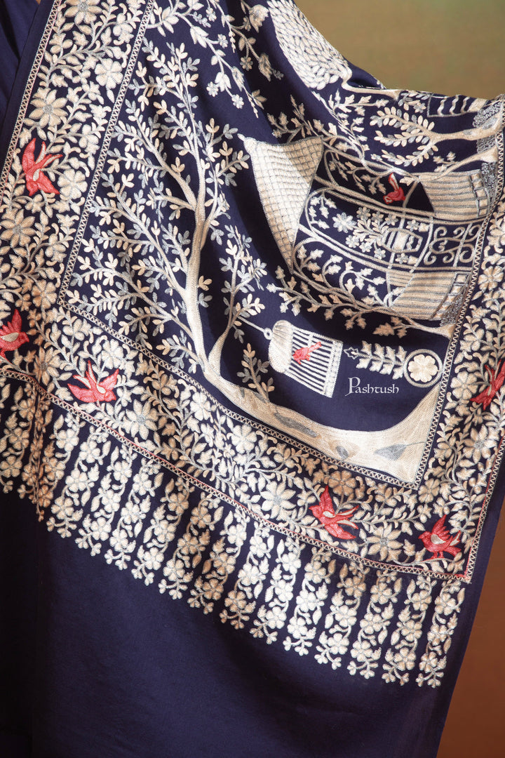 Pashtush India Womens Stoles and Scarves Scarf Pashtush Womens Woollen Stole, Gardens Of Paradise, Embroidery Design, Blue