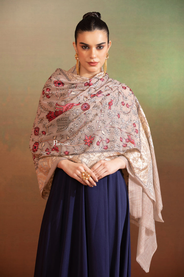 Pashtush India Womens Stole Pashtush Womens Woollen Stole, Gardens Of Paradise, Embroidery Design, Taupe