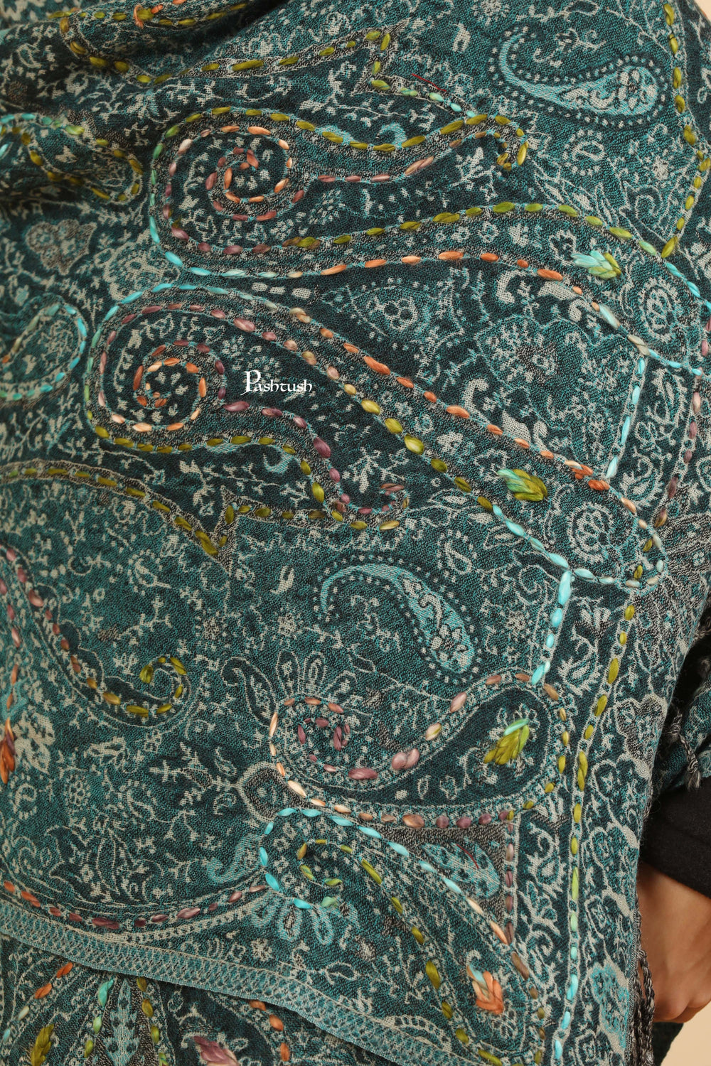 Pashtush India Womens Stoles Pashtush Womens Woollen Stole, Hand Embroidery  Design, Ice Blue