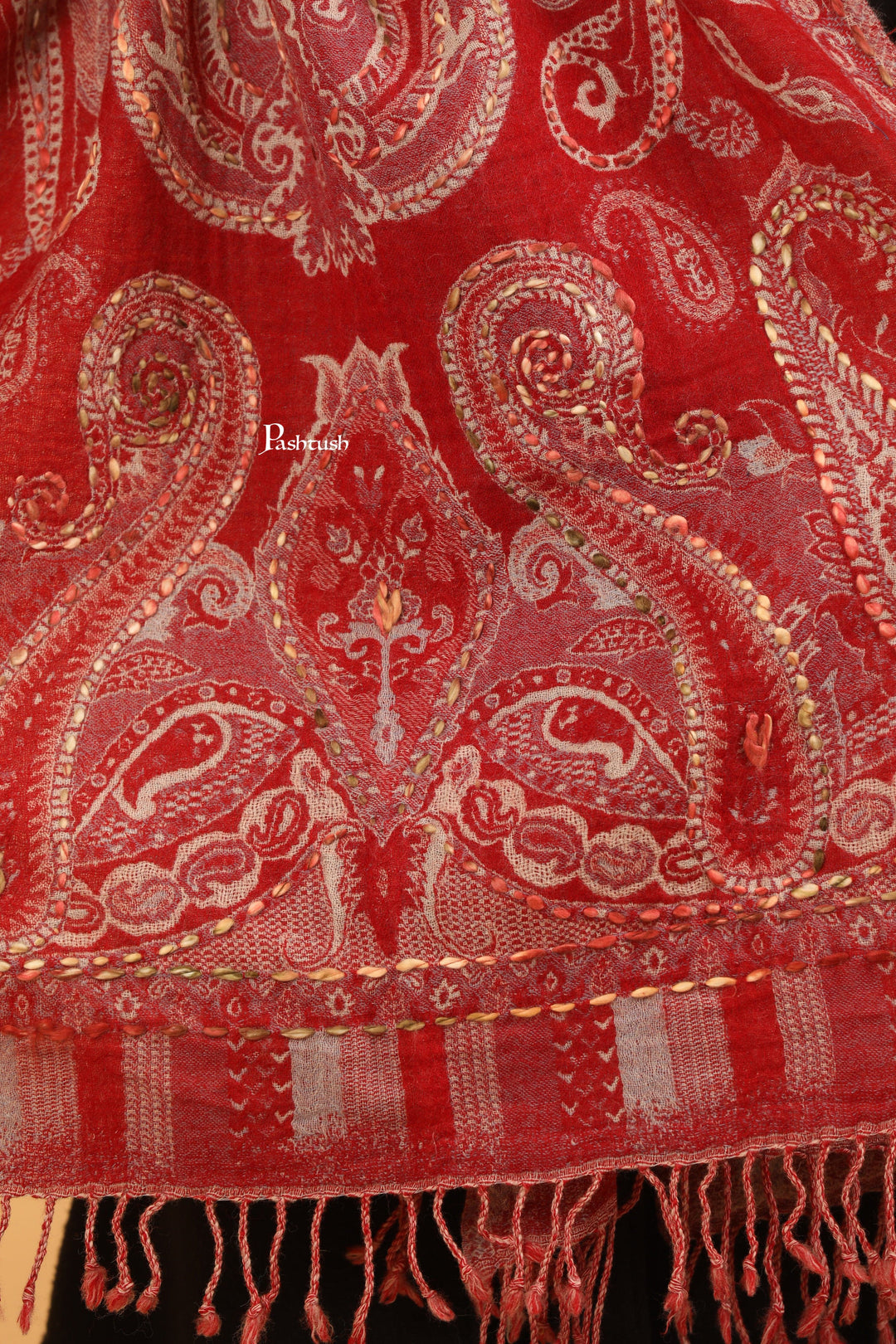 Pashtush India Womens Stoles Pashtush Womens Woollen Stole, Woollen Hand Embroidery Design, Morning Rose