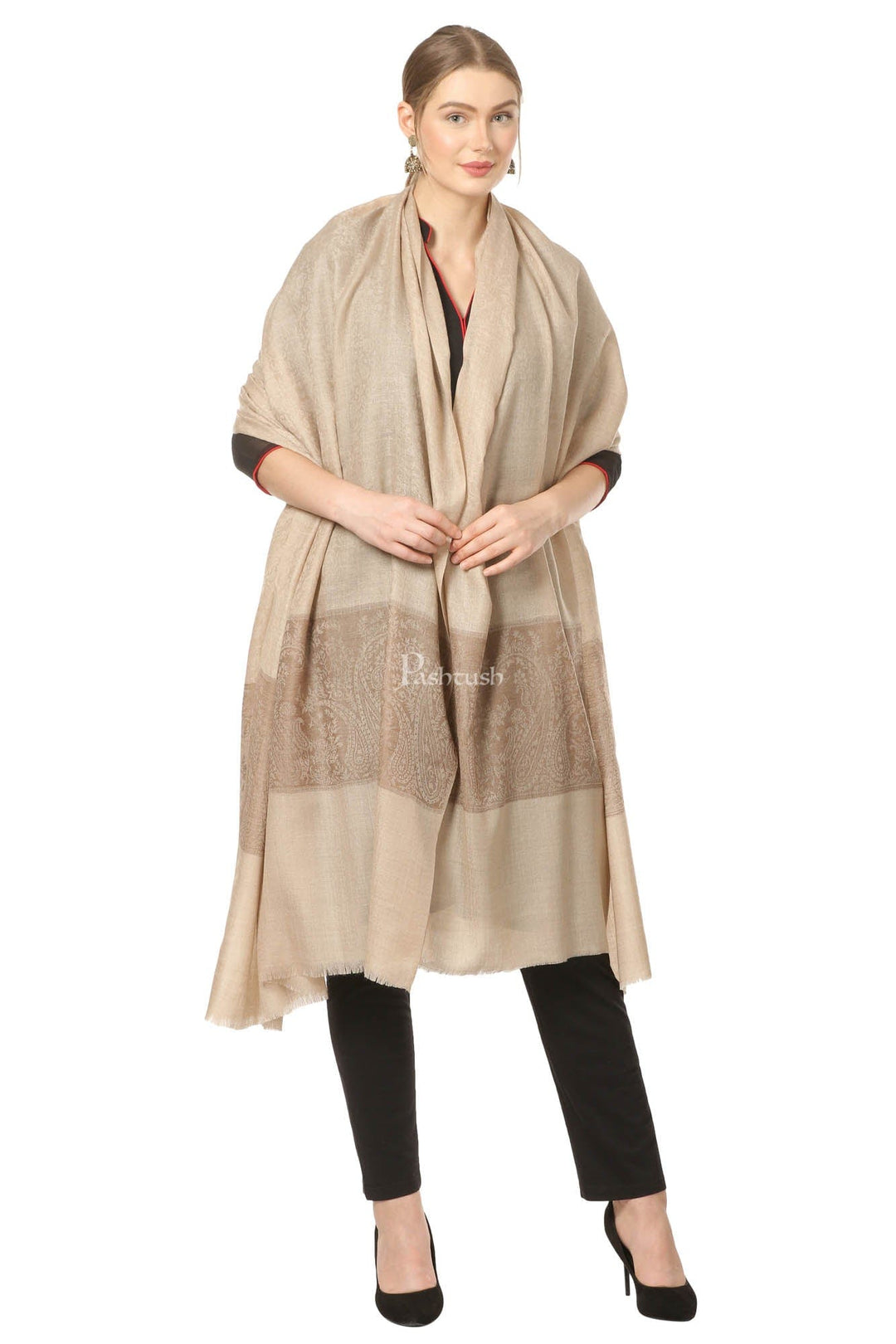 Pashtush India Womens Shawls Pashtush Womens Woven Extra Fine Wool Pashmina Shawl With Paiseley Weave
