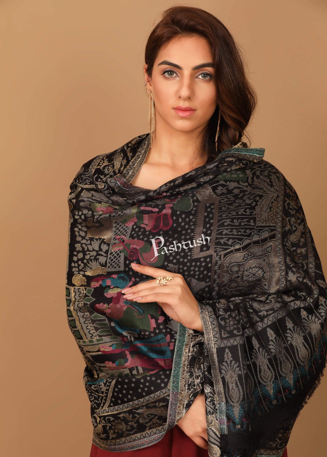 Pashtush India 100x200 Pashtush Womens, Woven Mughal Darbar Shawl, with Golden Zari Weave