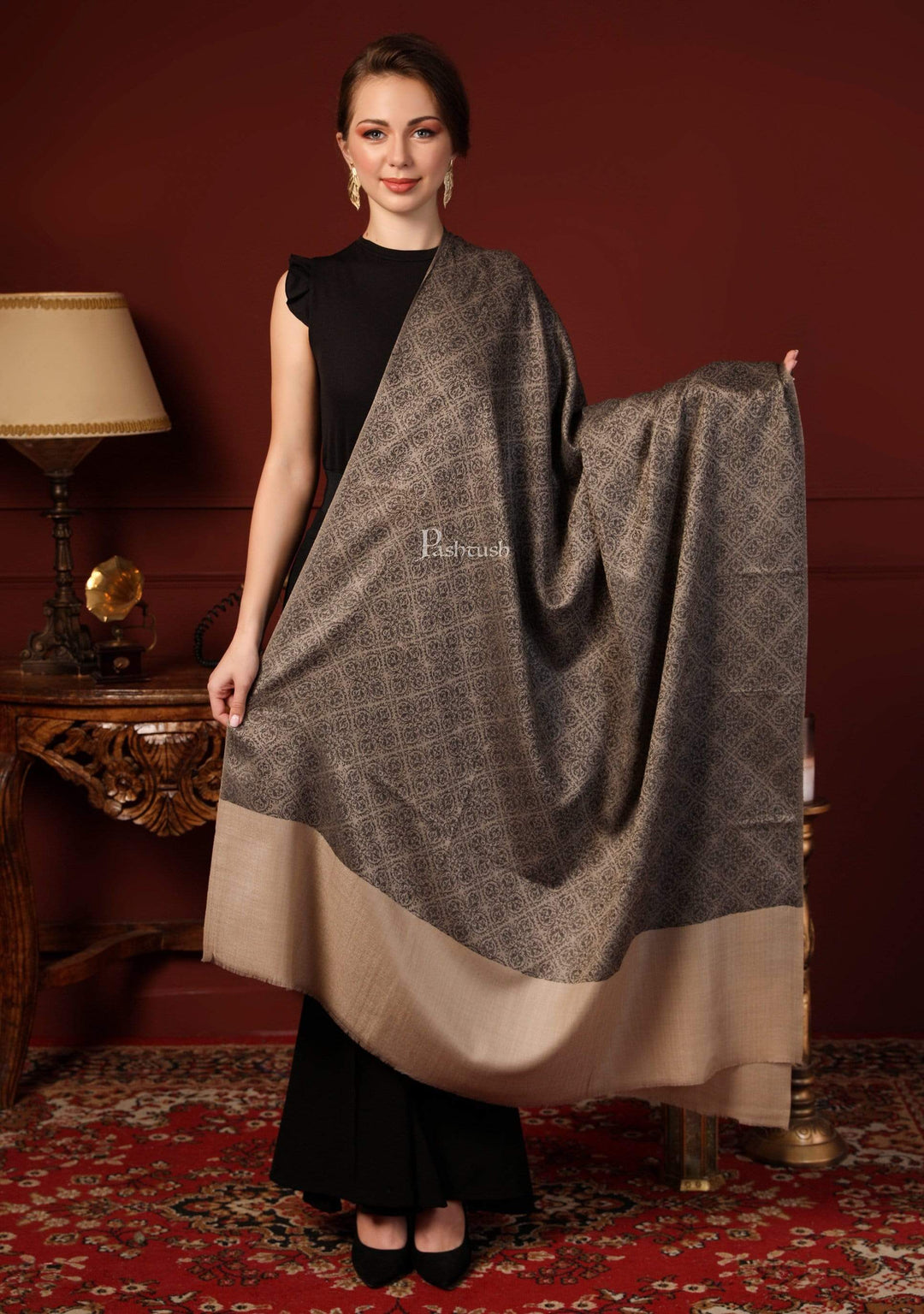 Pashtush India 100x200 Pashtush Womens Woven Paisley, Self Shawl, In Extra Soft Fine Wool, Large Wrap Size