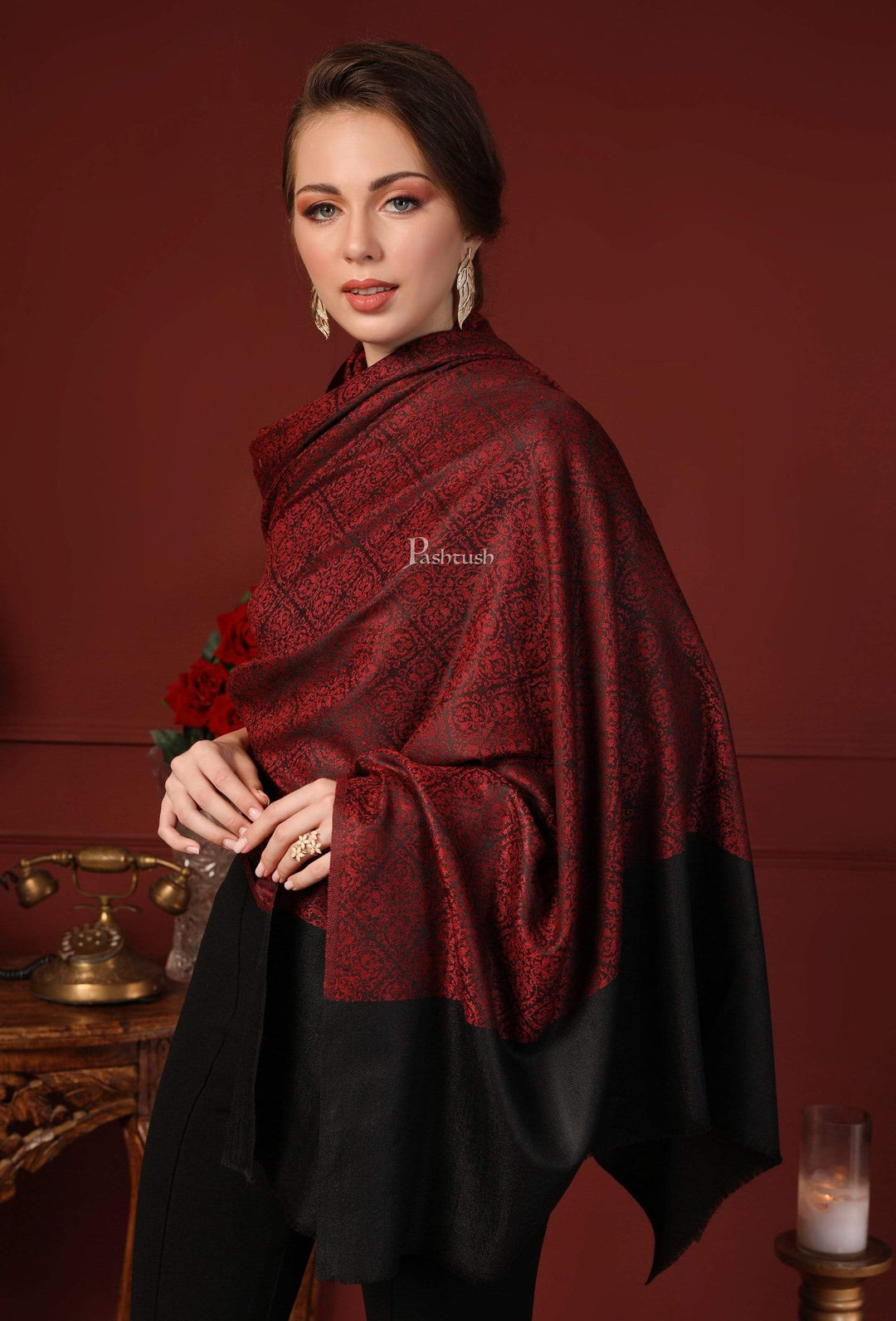 Pashtush India 100x200 Pashtush Womens Woven Paisley, Self Shawl, In Extra Soft Fine Wool, Large Wrap Size
