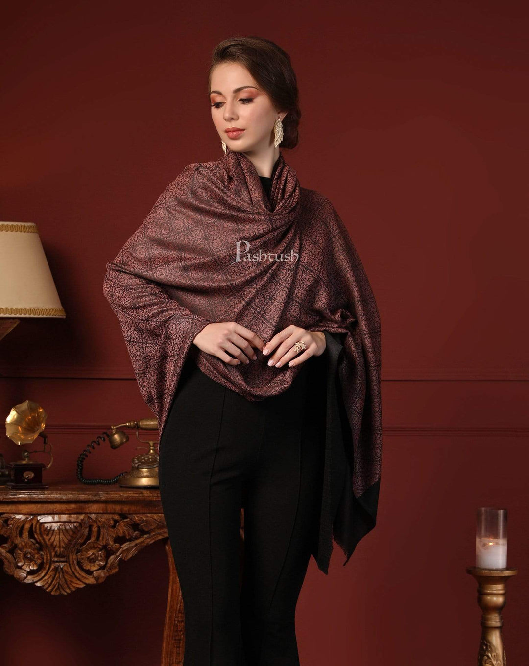 Pashtush India 100x200 Pashtush Womens Woven Paisley, Self Shawl, In Extra Soft Fine Wool, Large Wrap Size