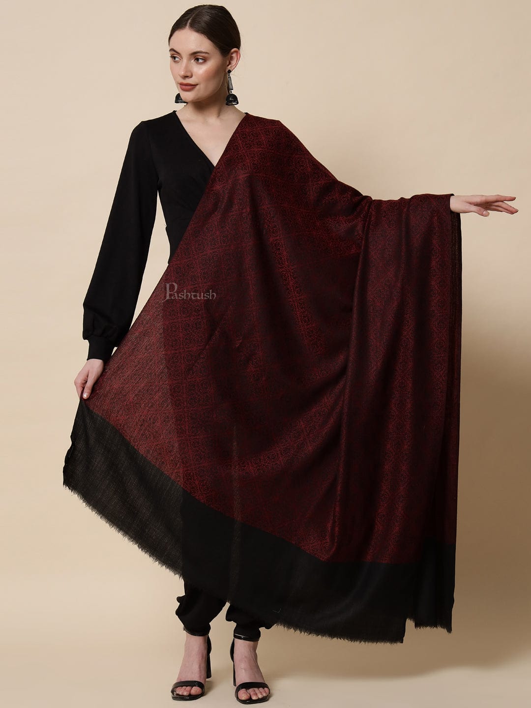 Pashtush India Womens Shawls Pashtush Womens Woven Paisley, Self Shawl, In Extra Soft Fine Wool, Large Wrap Size, Black