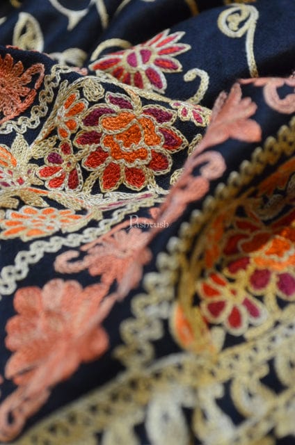 Pashtush India Womens Stoles and Scarves Scarf Pashtush Womes Fine Whool Stole , Aari Embroidery Design, Black