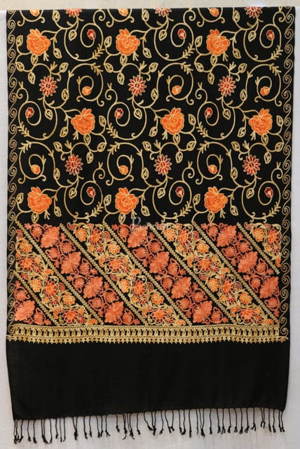 Pashtush India Womens Stoles and Scarves Scarf Pashtush Womes Fine Whool Stole , Aari Embroidery Design, Black