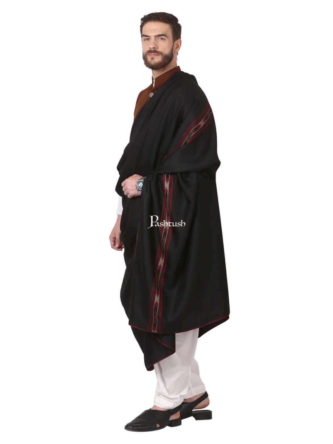 Pashtush India Mens Shawls Gents Shawl Pashtush Woven Aztec Design Mens Full Size Shawl In Extra Fine Wool - Black