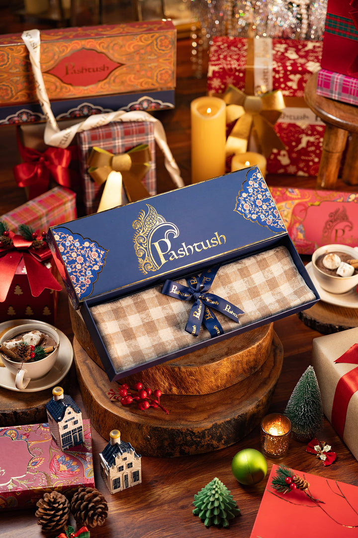 Pashtush India Gift Pack Pashtush Woven Mens Fine Wool Stole, Check-Stipe Design, (Beige)