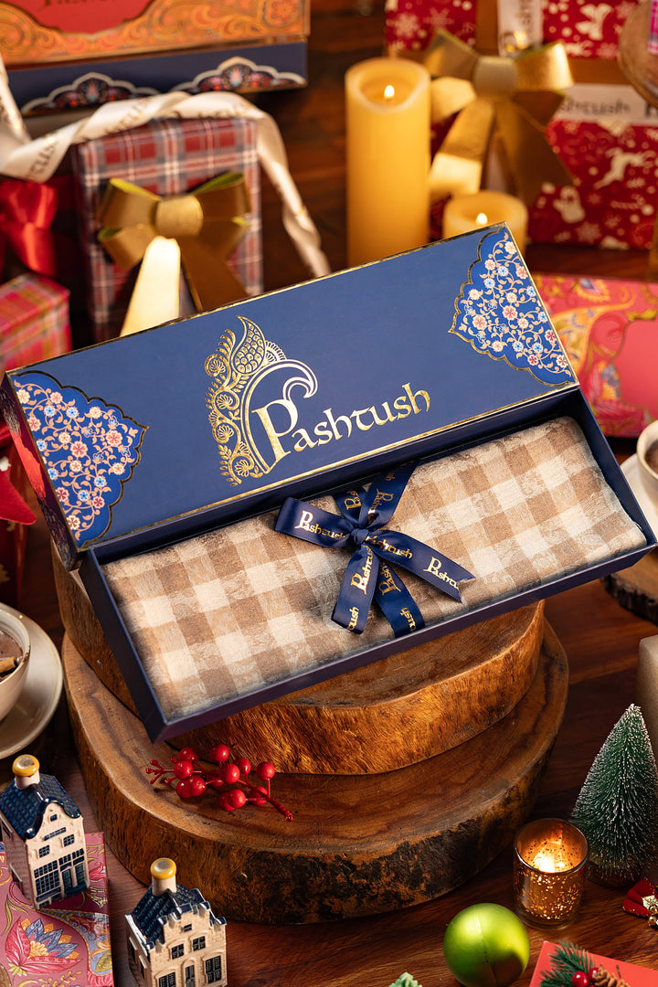 Pashtush India Gift Pack Pashtush Woven Mens Fine Wool Stole, Check-Stipe Design, (Beige)