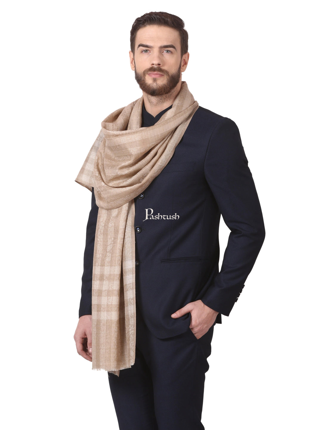 Pashtush India Mens Scarves Stoles and Mufflers Pashtush Woven Mens Fine Wool Stole, Check-Stipe Design, (Beige)