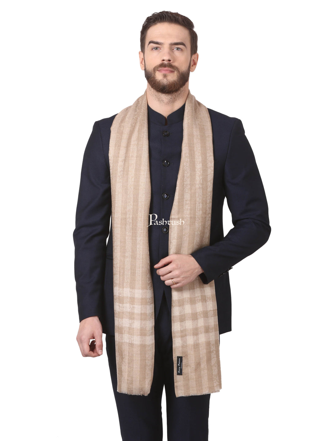 Pashtush India Mens Scarves Stoles and Mufflers Pashtush Woven Mens Fine Wool Stole, Check-Stipe Design, (Beige)