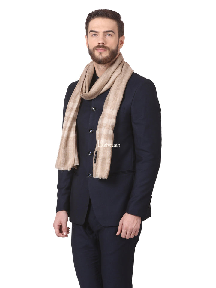 Pashtush India Mens Scarves Stoles and Mufflers Pashtush Woven Mens Fine Wool Stole, Check-Stipe Design, (Beige)