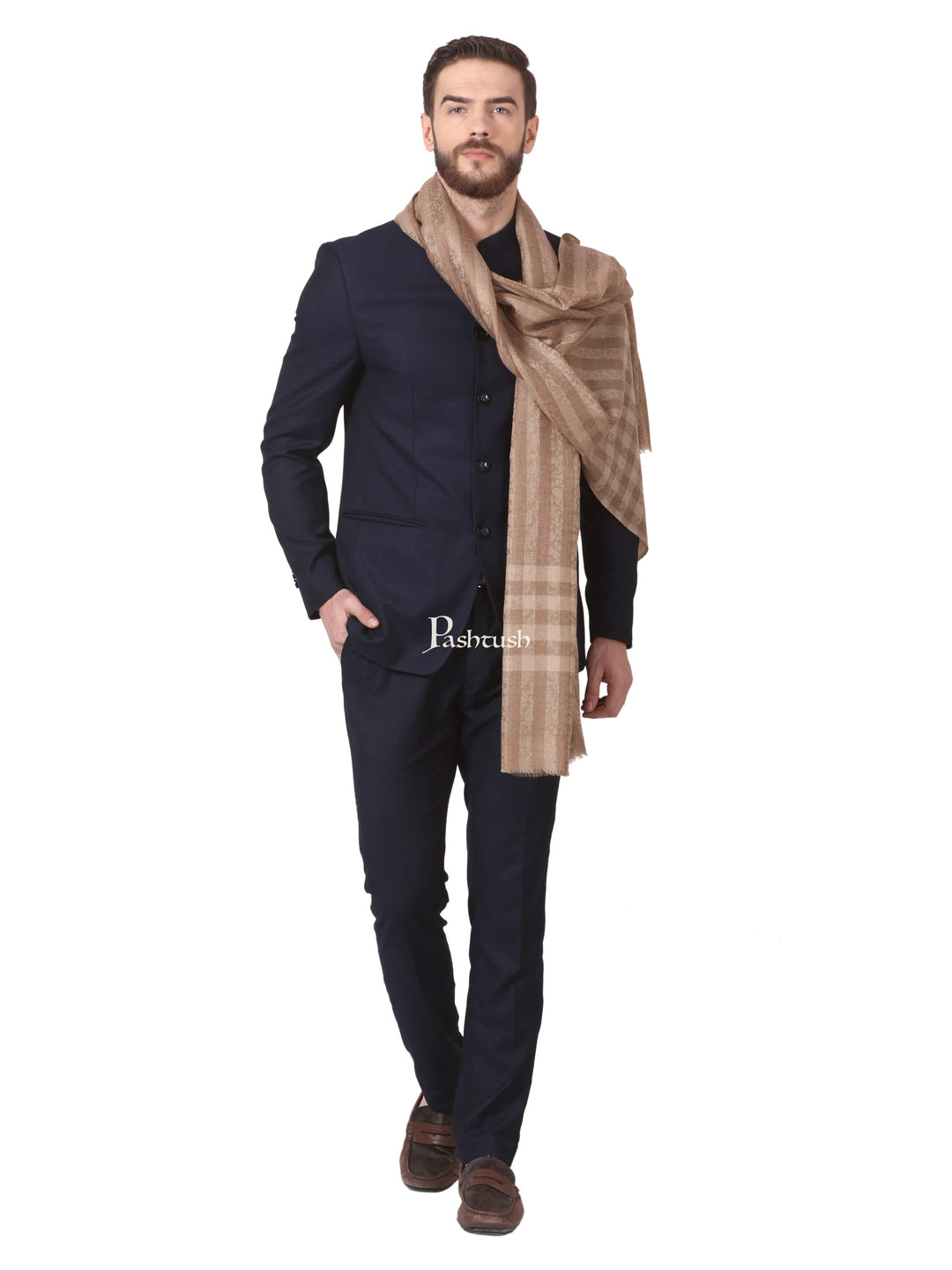 Pashtush India Mens Scarves Stoles and Mufflers Pashtush Woven Mens Fine Wool Stole, Check-Stipe Design, Taupe