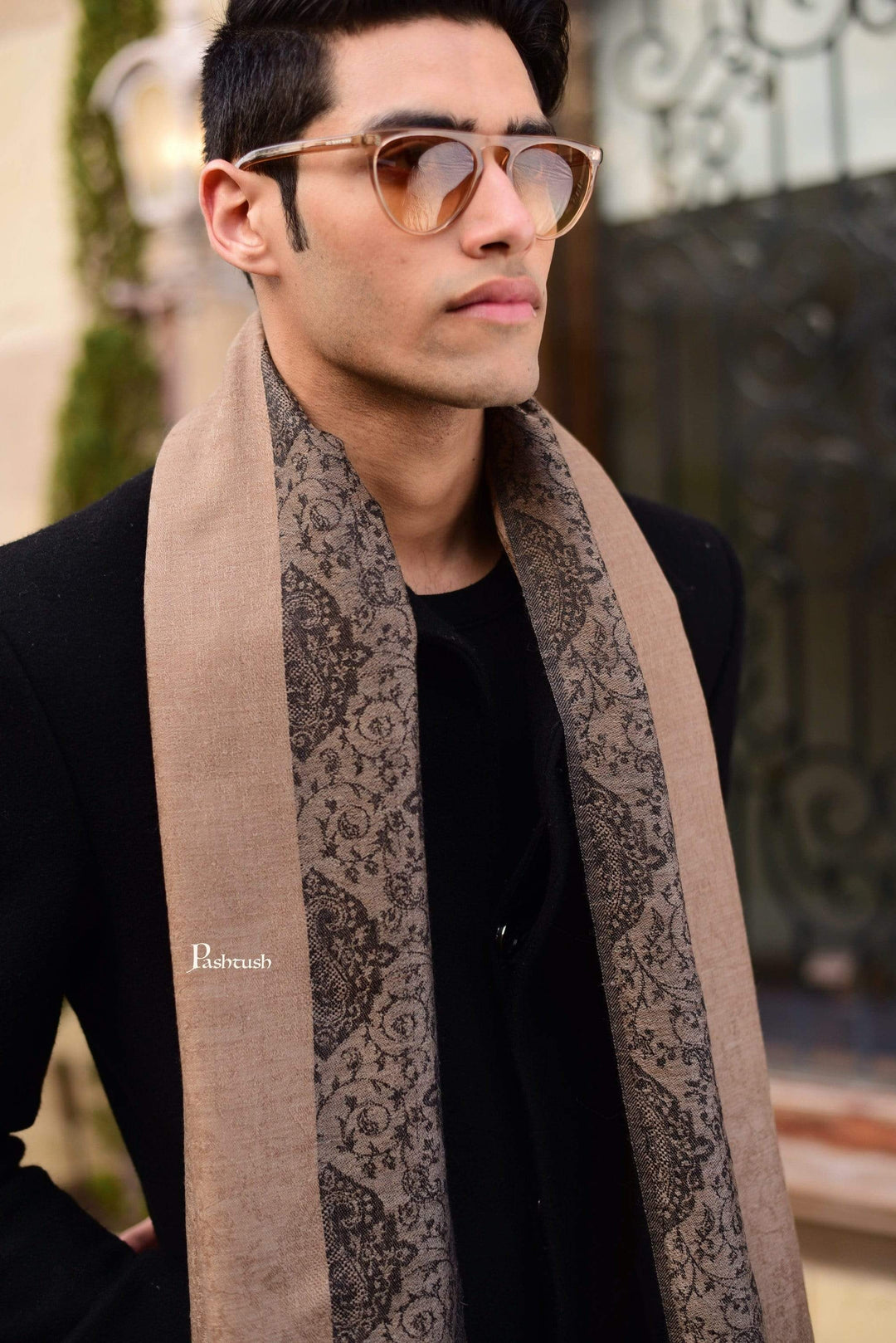 Pashtush India 70x200 Pashtush Woven Mens Pashmina Stole, Jacquard Weave, Mens Muffler, Warm Cashmere Feel