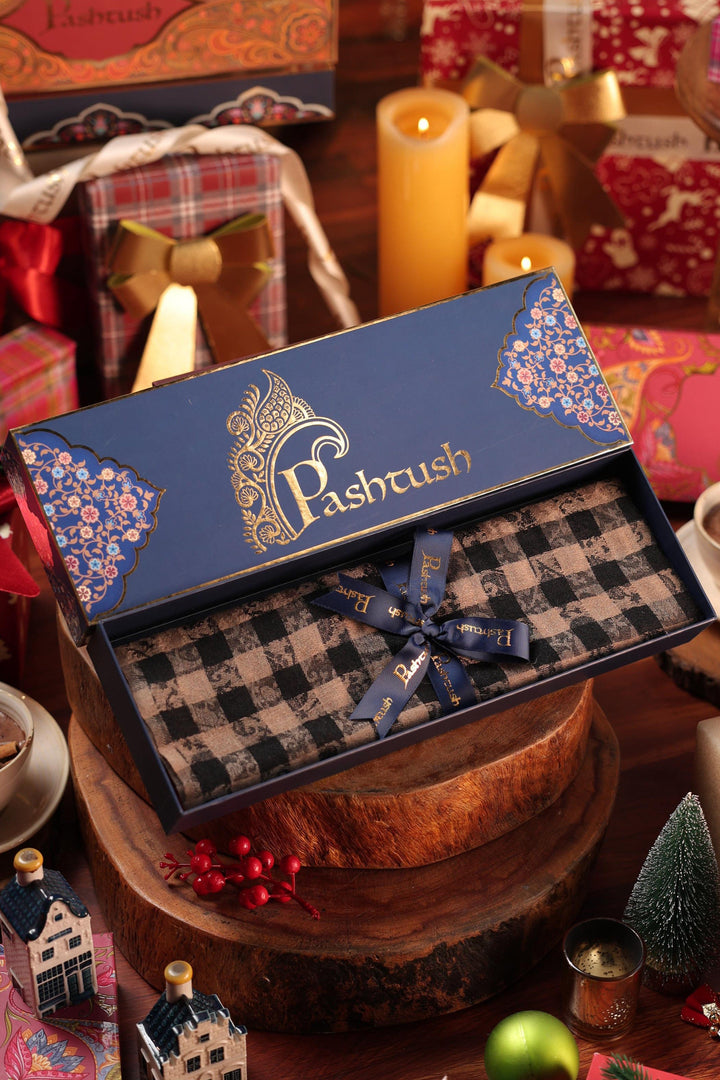 Pashtush India Gift Pack Pashtush Woven Mens Stole, Check-Stripe Design, Mens Muffler, Warm Cashmere Feel (Black)