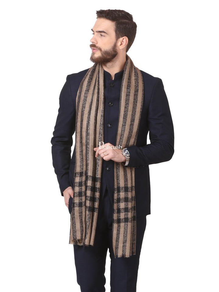Pashtush India Mens Scarves Stoles and Mufflers Pashtush Woven Mens Stole, Check-Stripe Design, Mens Muffler, Warm Cashmere Feel (Black)