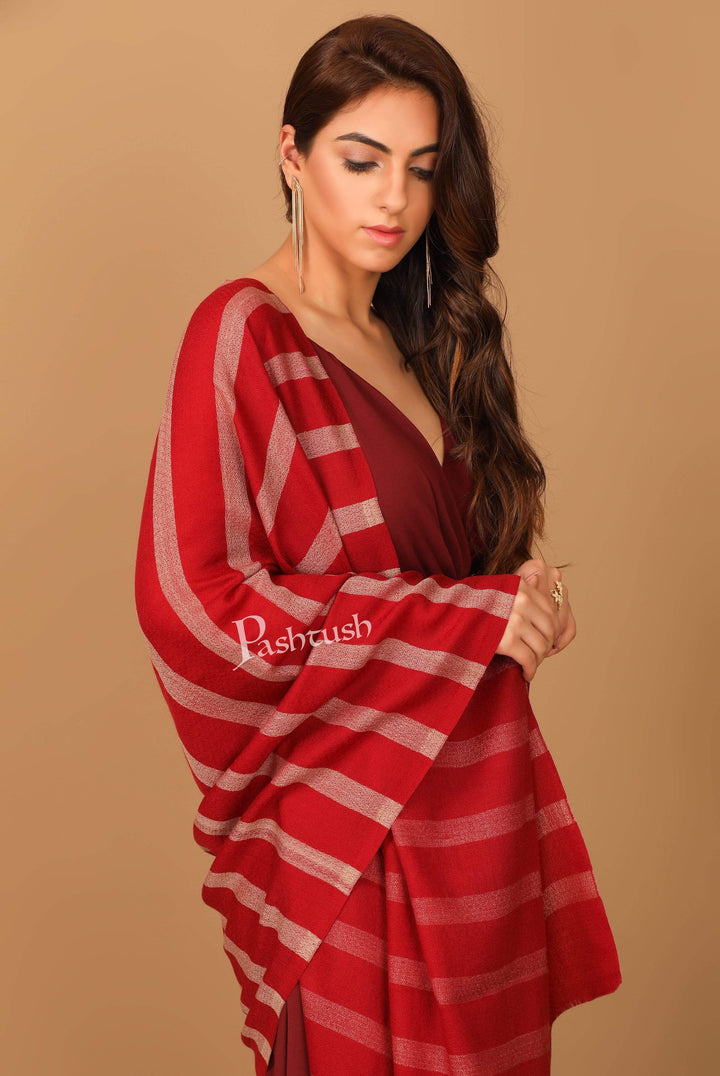Pashtush India 70x200 Pashutsh Womens Extra Fine Wool, Striped Woven Scarf, Crimson Maroon