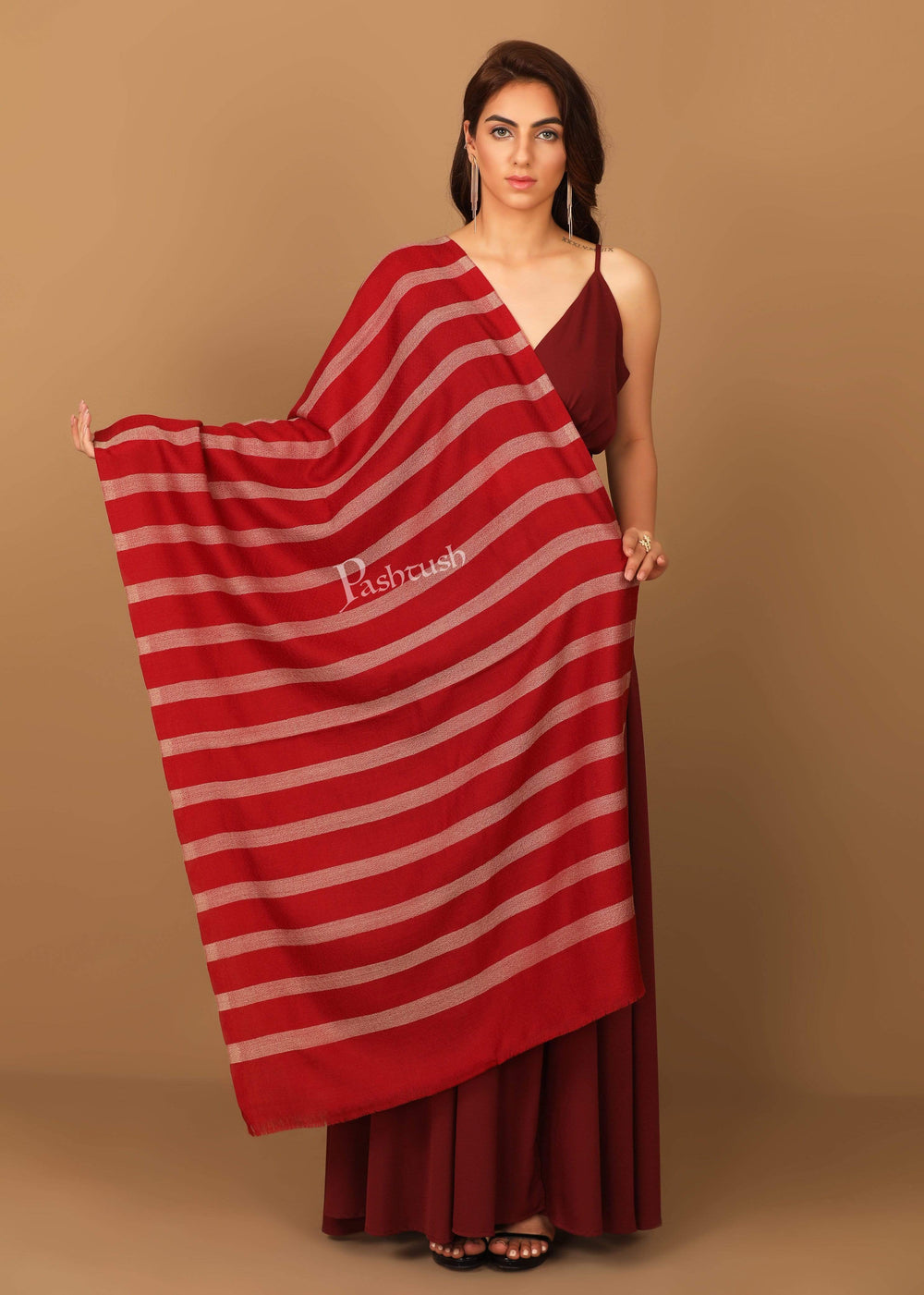 Pashtush India 70x200 Pashutsh Womens Extra Fine Wool, Striped Woven Scarf, Crimson Maroon
