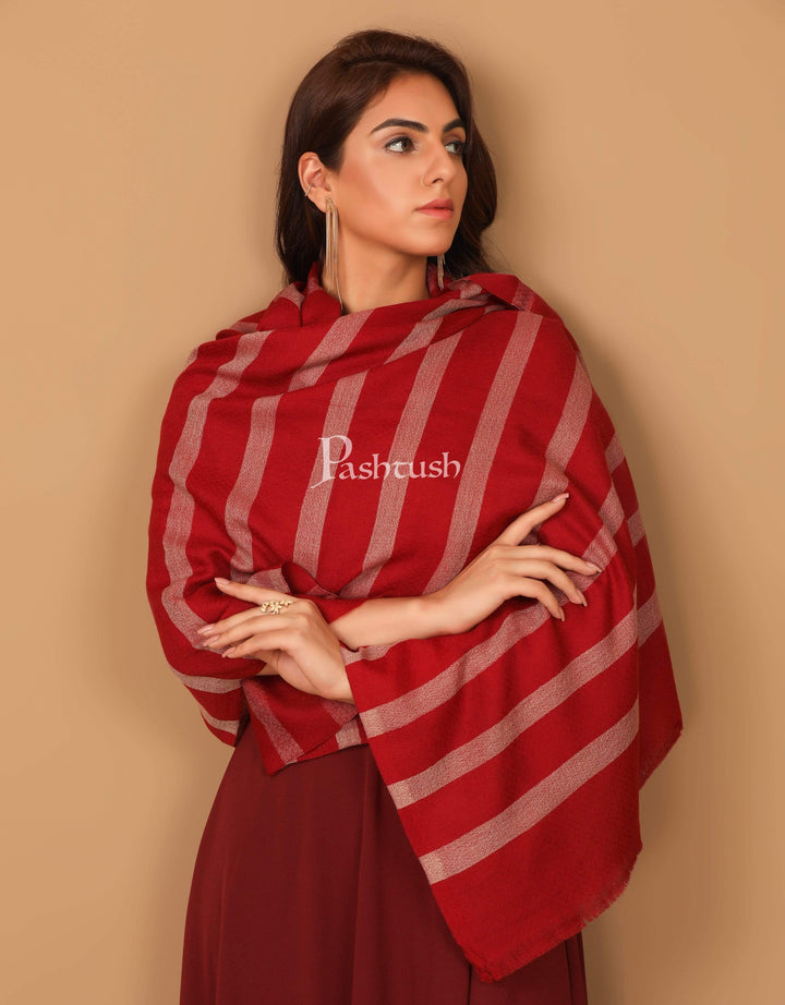 Pashtush India 70x200 Pashutsh Womens Extra Fine Wool, Striped Woven Scarf, Crimson Maroon