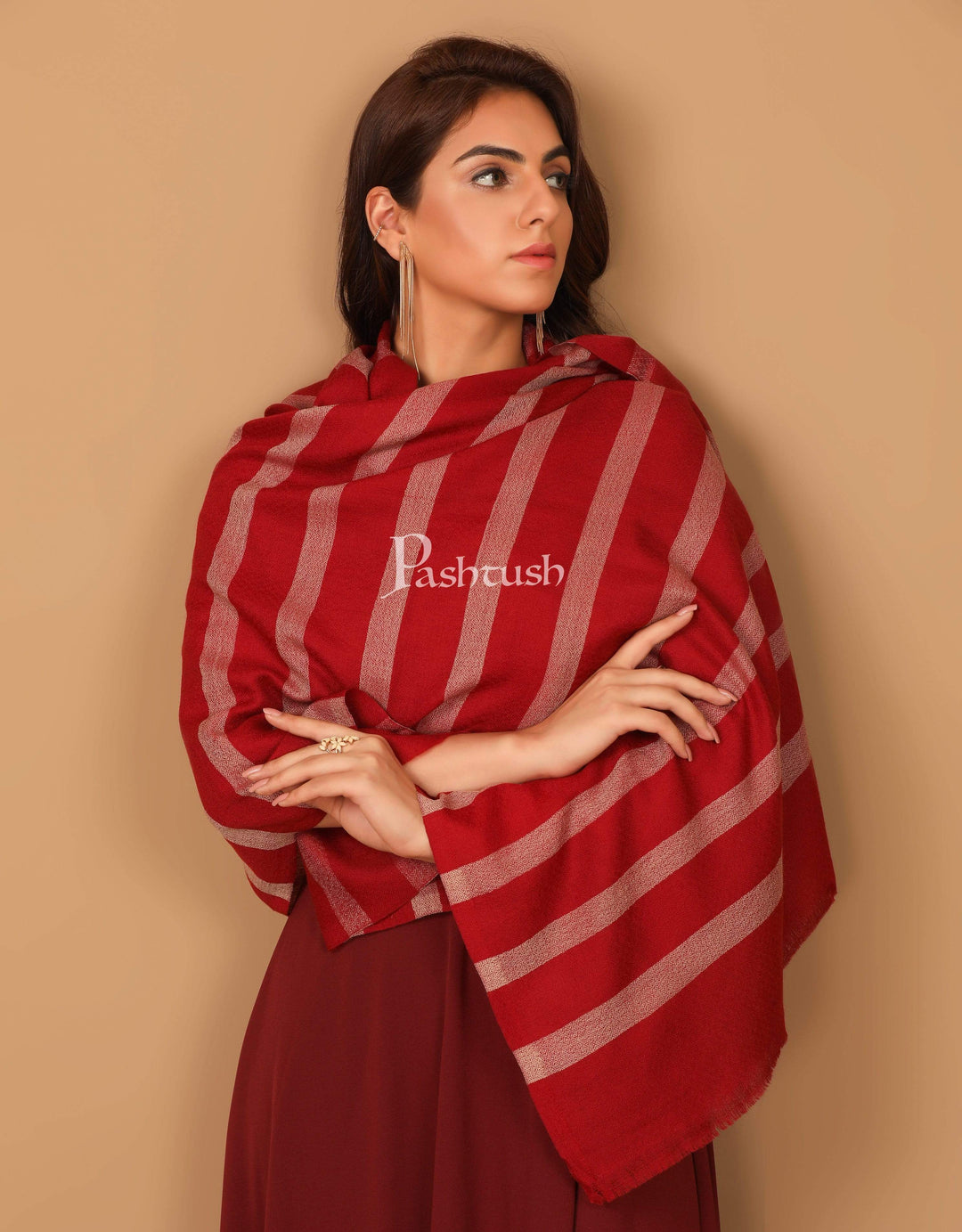 Pashtush India 70x200 Pashutsh Womens Extra Fine Wool, Striped Woven Scarf, Crimson Maroon