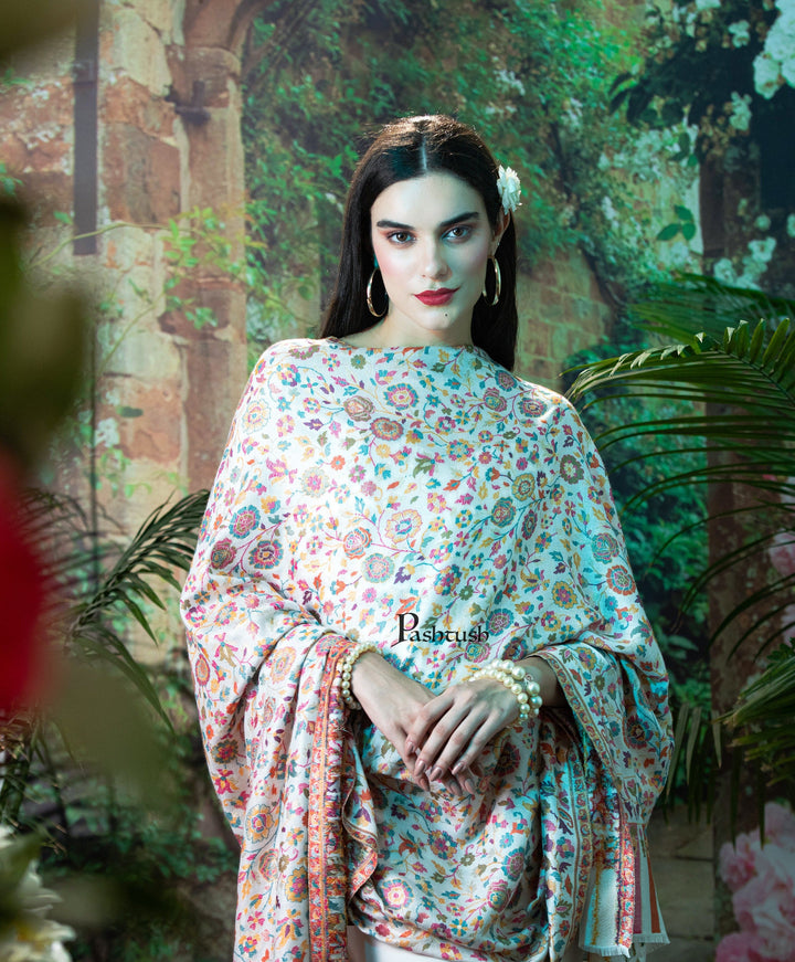 Pashtush India Womens Shawls Pashutsh Womens Gulaabdar Ethnic Weave Shawl, Faux Pashmina, Twilight Collection, Ivory