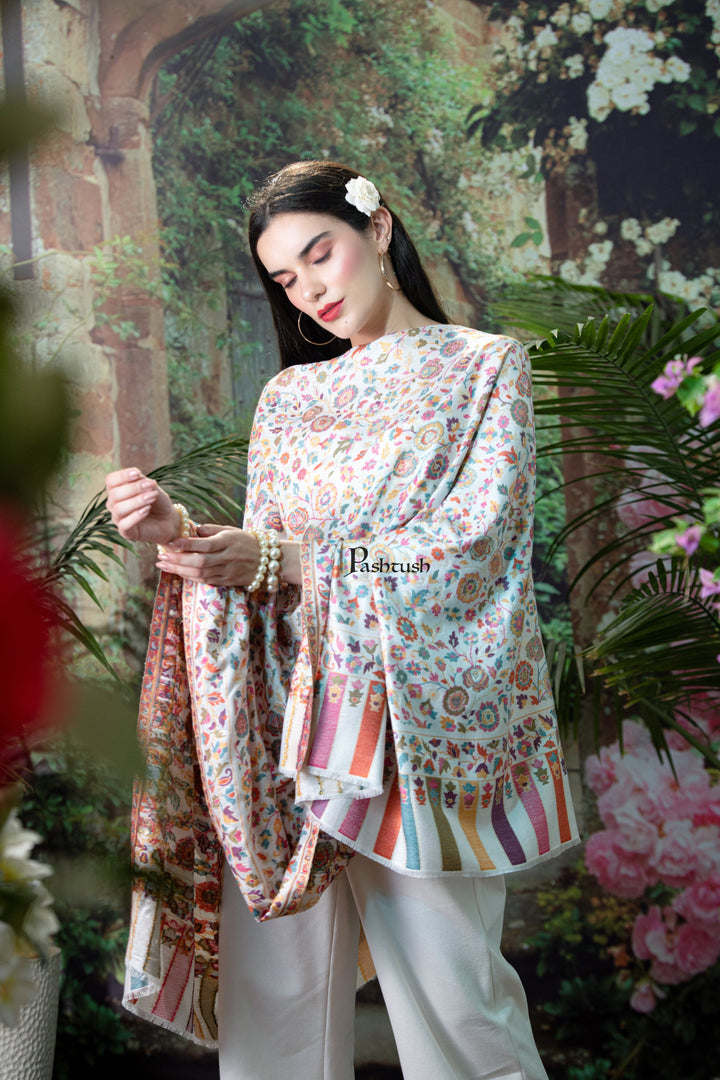 Pashtush India Womens Shawls Pashutsh Womens Gulaabdar Ethnic Weave Shawl, Faux Pashmina, Twilight Collection, Ivory