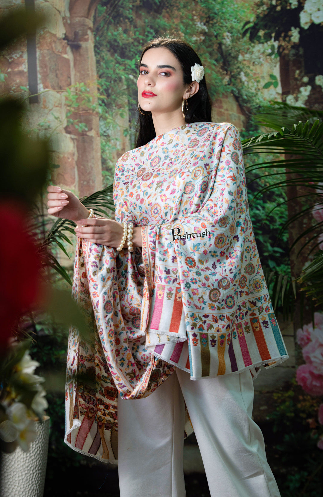 Pashtush India Womens Shawls Pashutsh Womens Gulaabdar Ethnic Weave Shawl, Faux Pashmina, Twilight Collection, Ivory