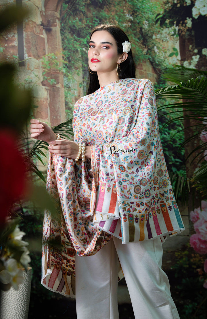 Pashtush India Womens Shawls Pashutsh Womens Gulaabdar Ethnic Weave Shawl, Faux Pashmina, Twilight Collection, Ivory