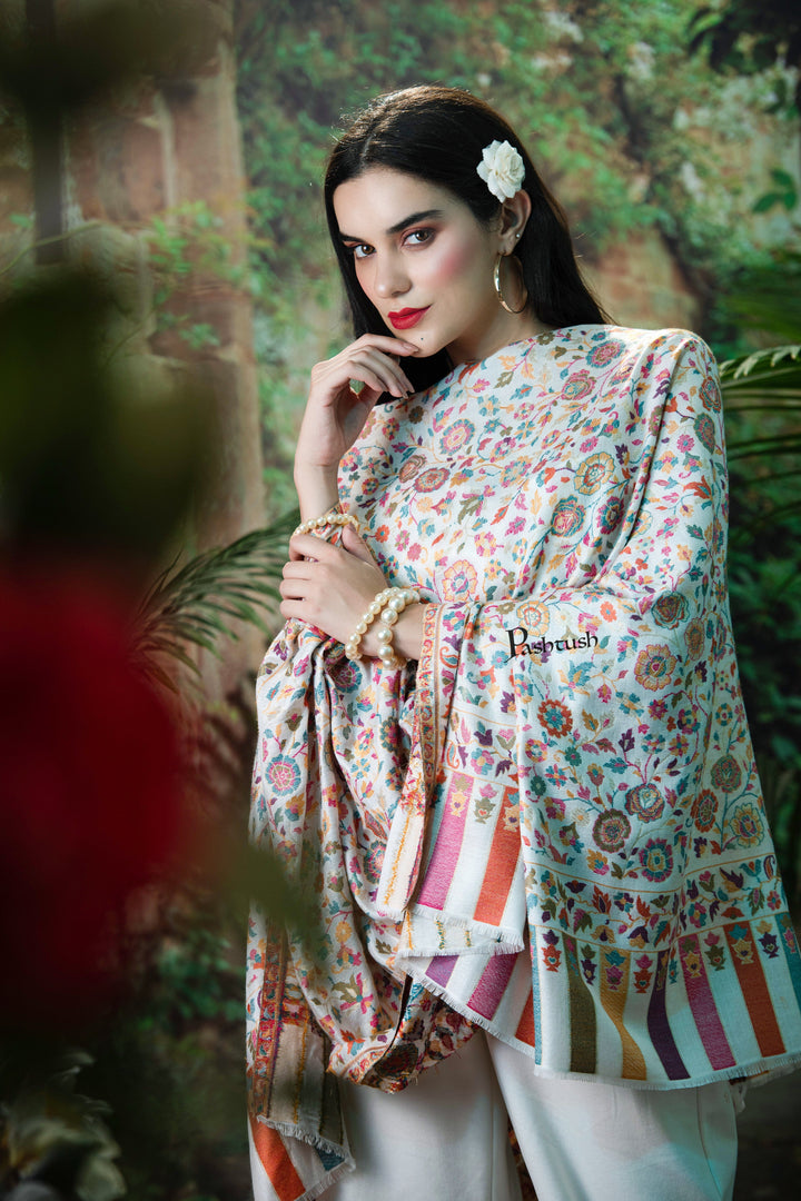 Pashtush India Womens Shawls Pashutsh Womens Gulaabdar Ethnic Weave Shawl, Faux Pashmina, Twilight Collection, Ivory