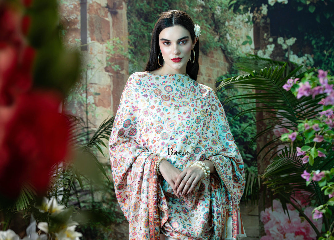 Pashtush India Womens Shawls Pashutsh Womens Gulaabdar Ethnic Weave Shawl, Faux Pashmina, Twilight Collection, Ivory