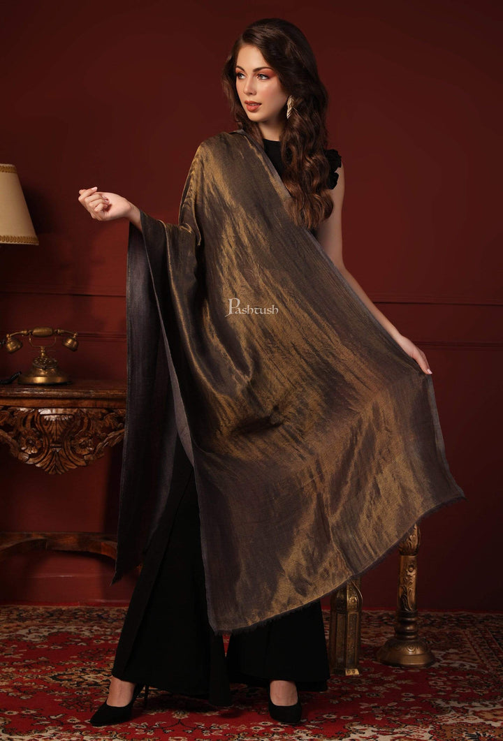 Pashtush India 70x200 Pashutsh Womens Twilight Scarf, With Shimmery Zari Thread Weave, Grey Gold