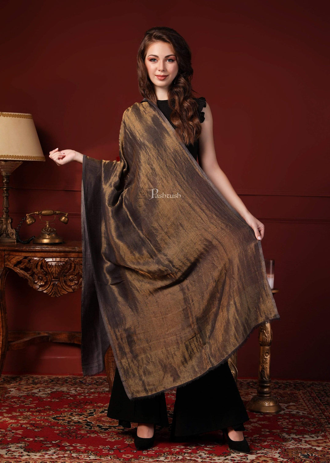 Pashtush India 70x200 Pashutsh Womens Twilight Scarf, With Shimmery Zari Thread Weave, Grey Gold
