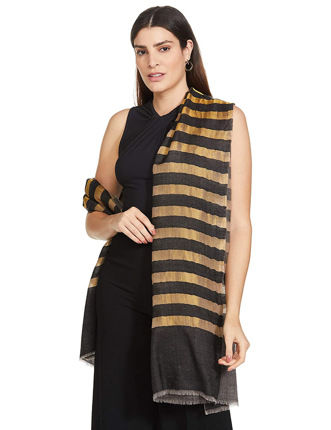 Pashtush India 70x200 Pashutsh Womens Twilight Striped Scarf, With Shimmery Metallic Zari Thread Weave