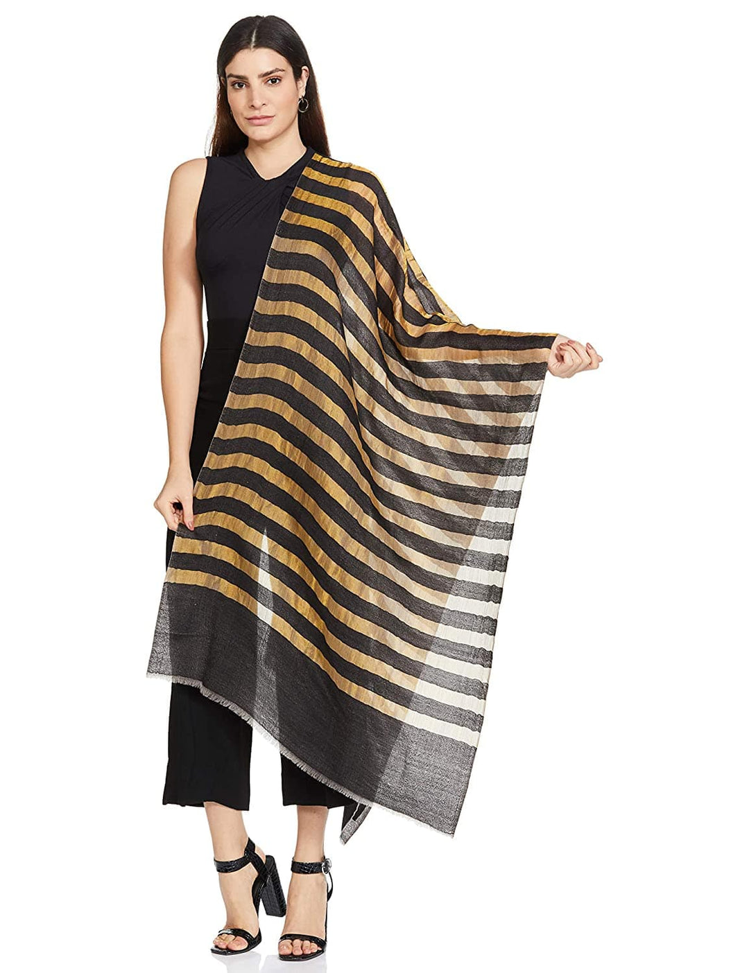 Pashtush India 70x200 Pashutsh Womens Twilight Striped Scarf, With Shimmery Metallic Zari Thread Weave