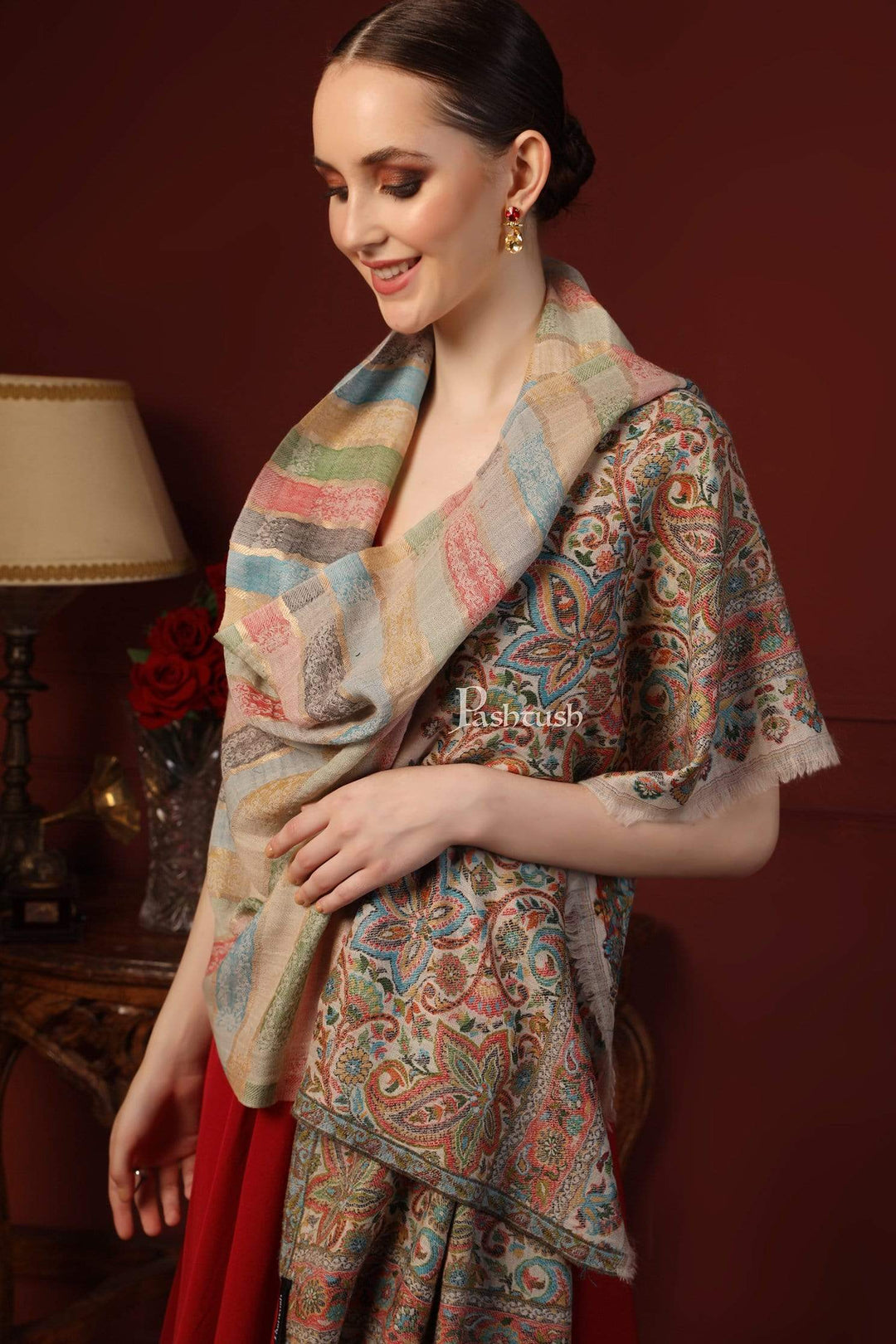 Pashtush India 70x200 Pashutsh Womens Twilight Striped Scarf, With Shimmery Zari Thread Weave